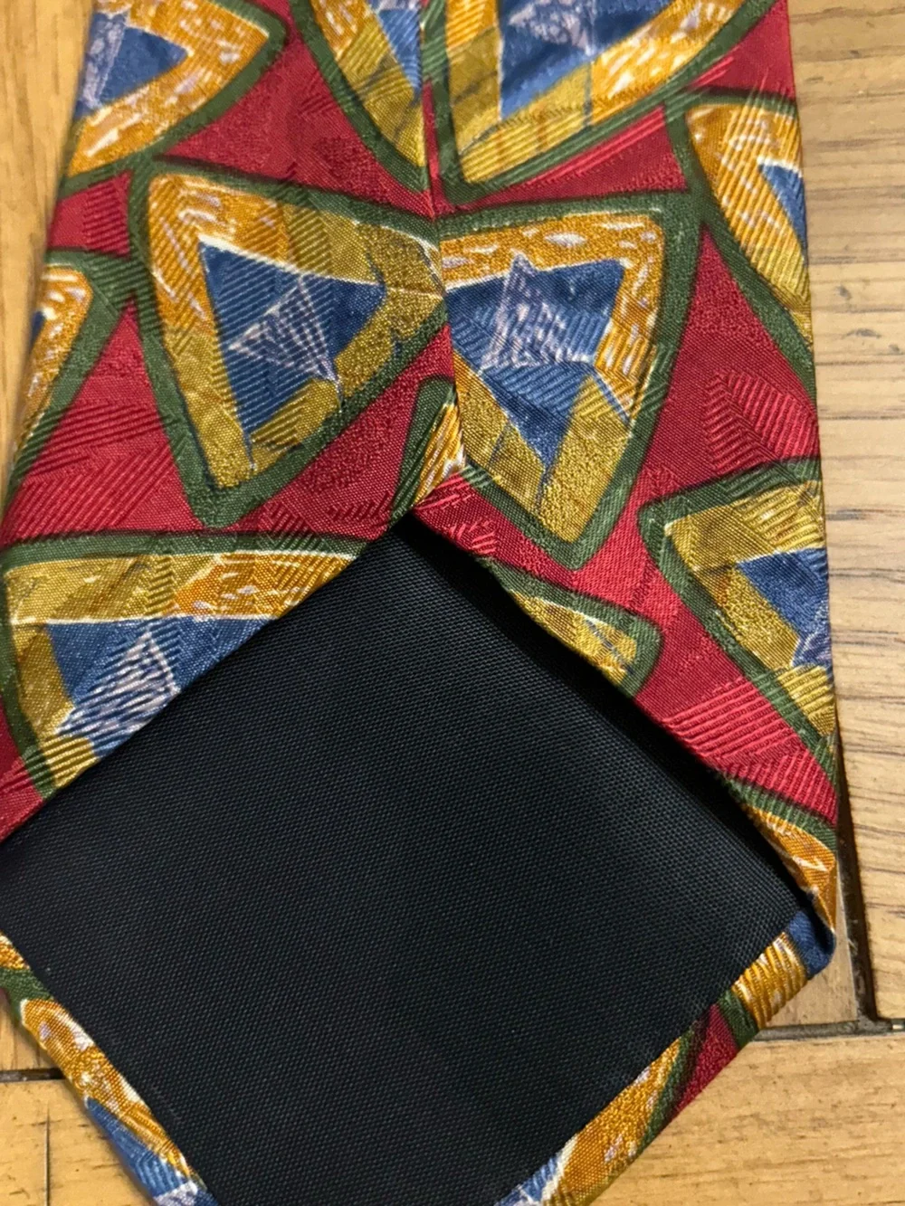 Karl Lagerfeld Red Silk Tie with Blue and Gold Geometric Motif